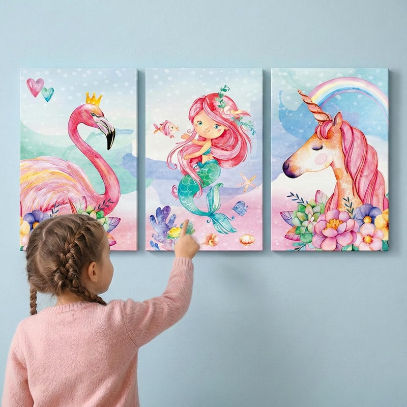 CANVASZON Unicorn Wall Decor Mermaid Flamingo Inspirational Framed Wall Art Prints Pink Horse Flower for Living Room Girls Room Decoration Pink Home Wall Decoration Girls Room Kids Bedroom Gift 3 Panels - Image 3